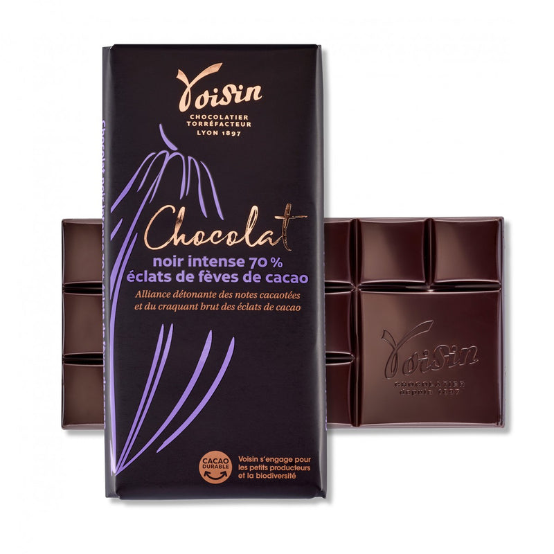 Tablette au chocolat noir intense et éclats de fèves de cacao - 100g