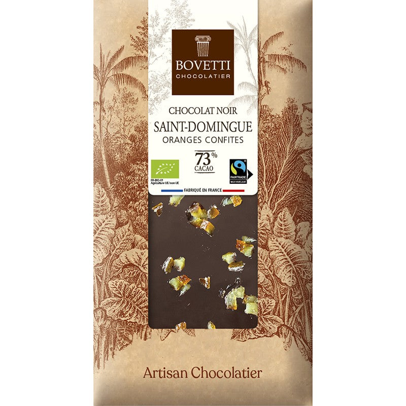 Tablette de chocolat noir St Domingue 73% et orange confite - 100g