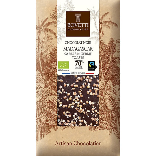 Tablette de chocolat noir Madagascar 70% et sarrasin germé et toasté - 100g