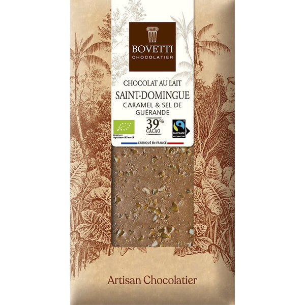 Tablette de chocolat au lait origine St Domingue 39% et caramel & sel de Guérande - 100g