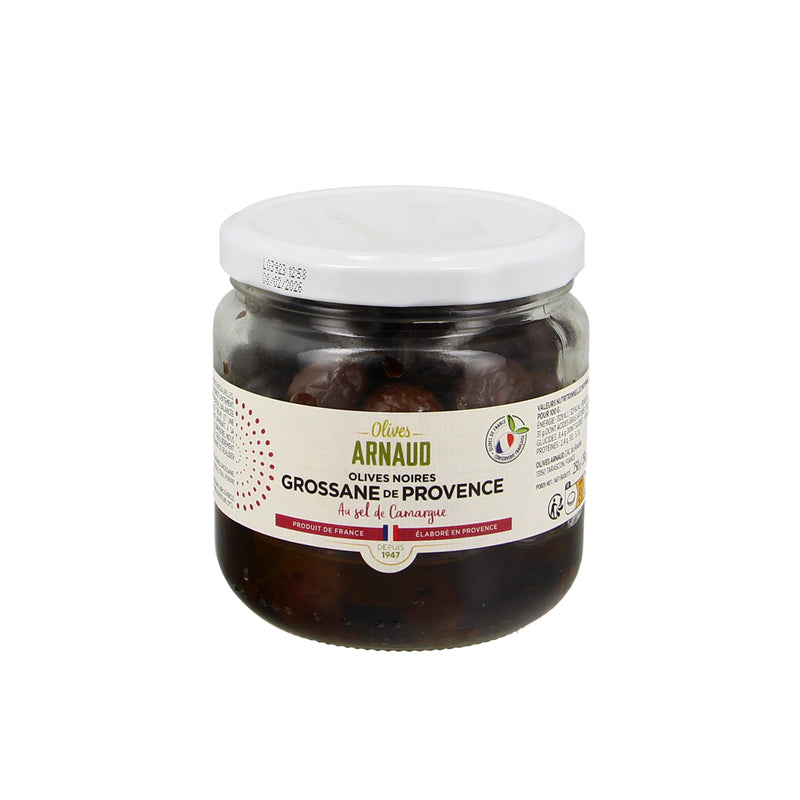 Olives noires grossanes au laurier et poivre concassé- 250g